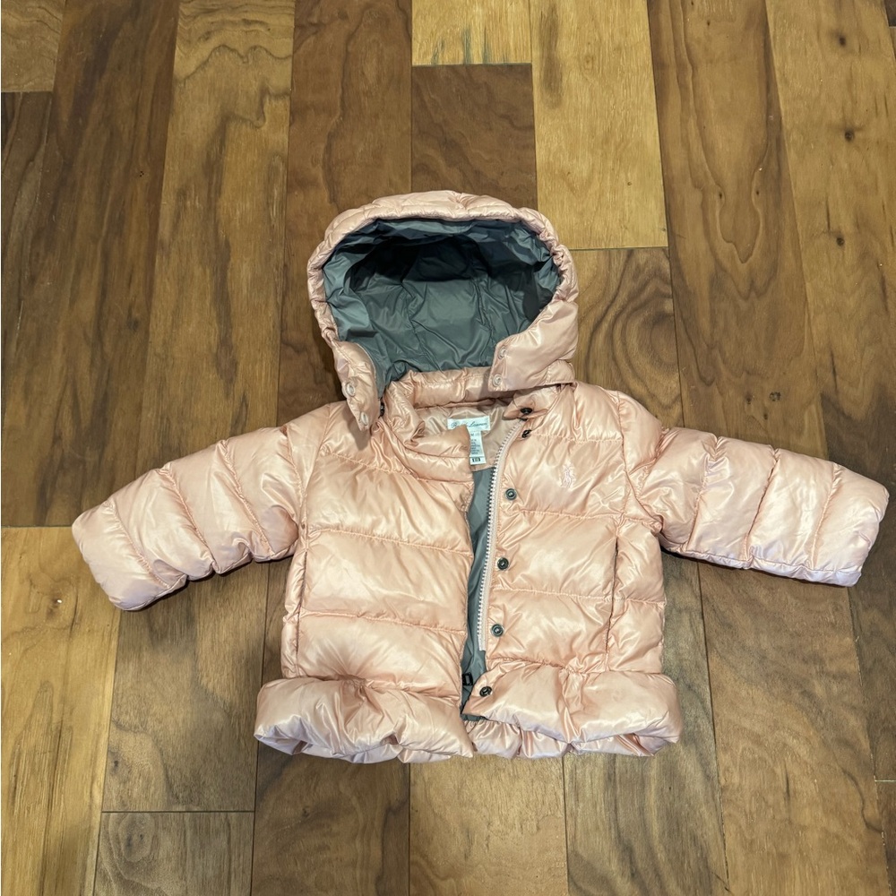 RALPH LAUREN Metallic Down Hooded Peplum Jacket Baby Girl